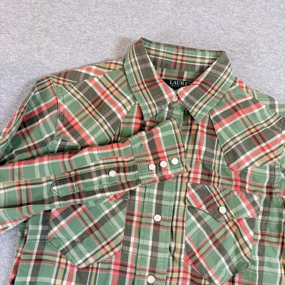 Lauren Ralph Lauren Western Shirt Womens XS Green Red Plaid Snap Button Flannel